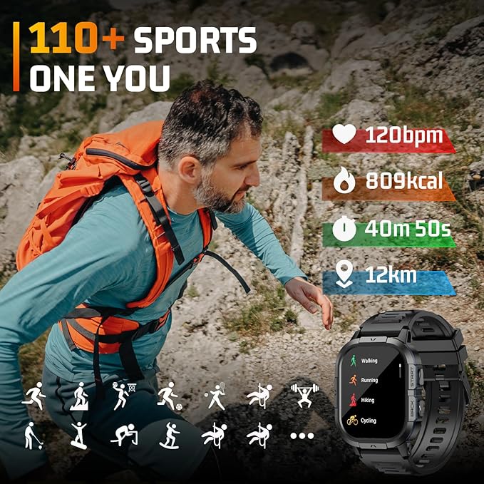 Military Smart Watches for Men-2.06”AMOLED(Answer/Make Calls), IP68 Fitness Activity Step Tracker with Sleep Monitor/110+ Sports Modes, Tactical SmartWatch for Android iOS Samsung Compatible