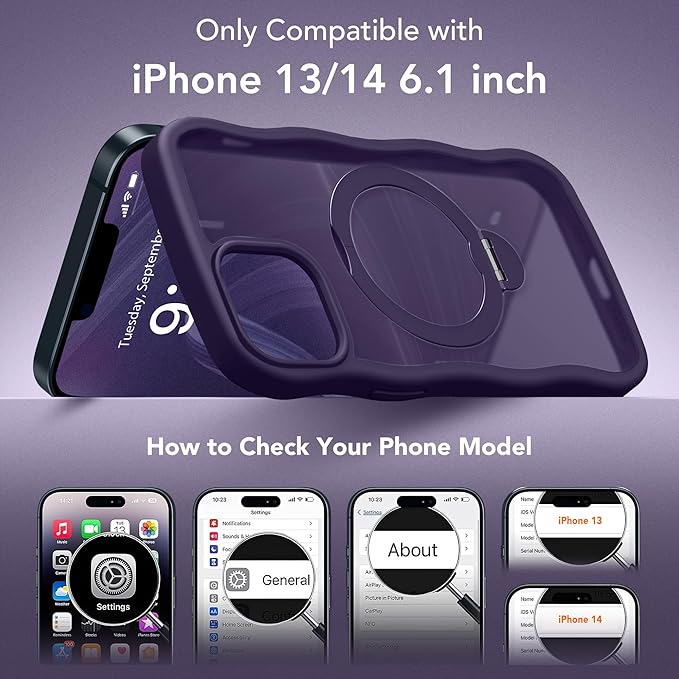 for iPhone 13 Case & iPhone 14 Case for Women,[Compatible with Magsafe][360° Spin Magnetic Stand][Cute Wave Edge][Military-Grade Protection]Translucent Matte Phone case for iPhone 13/14, Dark Purple