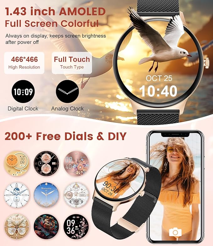 Smart Watches for Women, 1.43" AMOLED Display Fitness Tracker with Bluetooth Make/Answer Call, Heart Rate/Sleep Monitor/Female Cycle, 100+ Sports Modes, IP67 Waterproof for Android/iPhone
