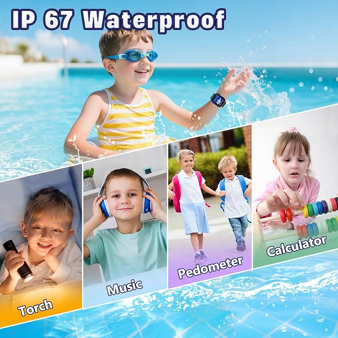 Vakzovy Kids Waterproof Smart Watch Girls Gift Age 3-12 with 39 Game HD Touch Screen Video Camera Music Player Pedometer Alarm Clock Birthday Gift for 6 7 8 9 Year Olds Black