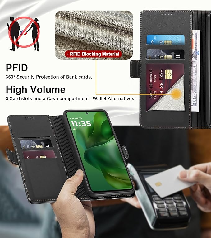 Wallet Flip Case for Moto G Power/Play (2025) - [RFID Blocking] Luxury PU Leather Card Holder Magnetic Phone Cover with Kickstand,Shockproof Protective Case,Black