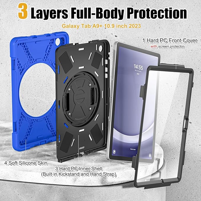 BRAECNstock Case for Samsung Galaxy Tab A9+ Plus 11 inch (SM-X210/X216/X218) Shockproof Protective Tab A9+ Kids Case with Screen Protector Pen Holder Rotating Hand Strap+Stand, Blue