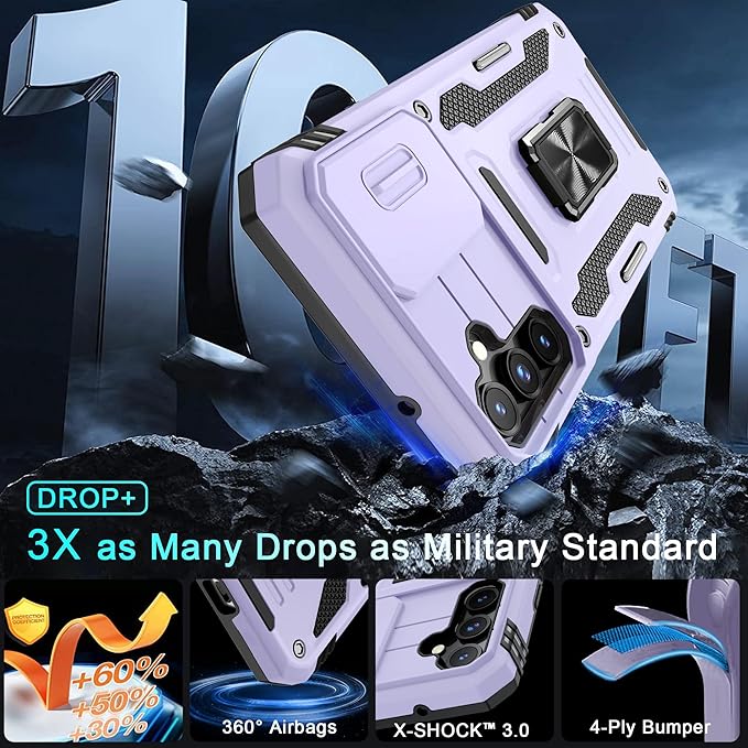 DEERLAMN Case for Samsung Galaxy S23 FE 6.4-Inch with Slide Camera Cover+Screen Protector(1 Pack),Rotated Ring Kickstand Military Grade Shockproof Protective Cover-Light Purple