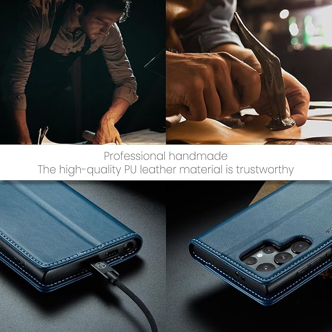 AUPAI for Samsung Galaxy S25 Ultra Wallet Case with Credit Card Holder, PU Leather RFID Blocking Folio Flip Kickstand Magnetic Clasp Protective Phone Cover for Women Men Blue