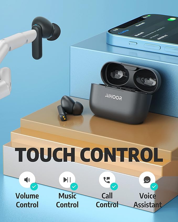 AIHOOR Wireless Earbuds for Music and Sports, Bluetooth 5.3 in-Ear Headphones with Extra Bass, Built-in Mic, Touch Control, USB Charging Case, 30hr Battery Earphones (Matte Black)