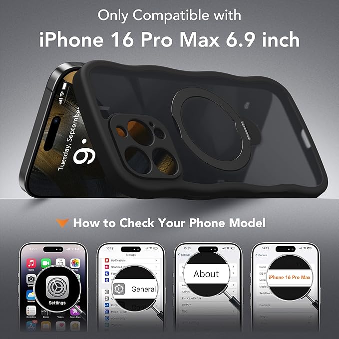 GolbinBox for iPhone 16 Pro Max Case for Women,[Compatible with Magsafe][360° Spin Magnetic Stand][Cute Wave Edge][Military-Grade Protection] Translucent Matte Phone Case for iPhone 16 ProMax, Black