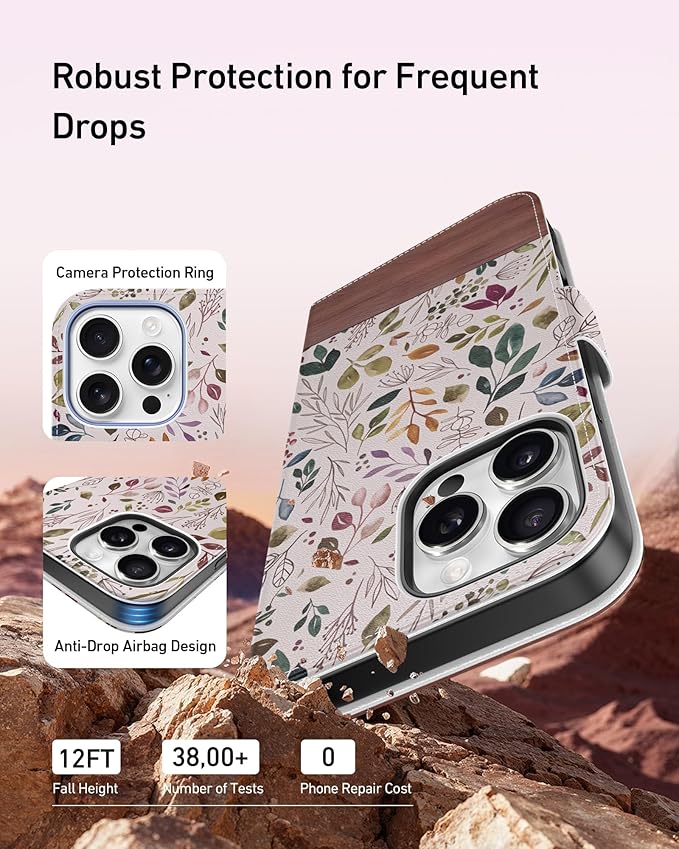 DEENAKIN for iPhone 16 Pro Wallet Case with Card Holder + Cash Clip, RFID-Blocking, Military-Grade Drop Protection, Magnetic Closure with Leather Kickstand - Vibrant Foliage