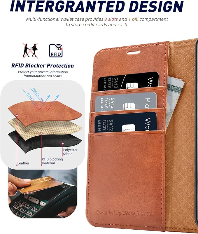 OCASE Compatible with Galaxy S24 5G Wallet Case, PU Leather Flip Folio Case with Card Holders RFID Blocking Kickstand [Shockproof TPU Inner Shell] Phone Cover (2024), Brown