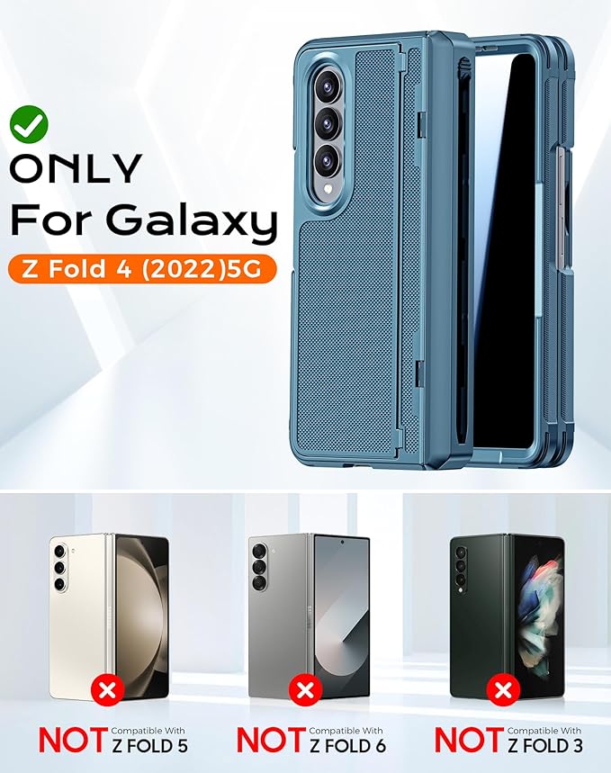 for Galaxy Z Fold 4 Case, S Pen Holder & Privacy Screen Protector & Kickstand & Hinge Protection, Slim Rugged Military-Grade Shockproof Protective Phone Case for Samsung Fold 4 (Lake Blue)