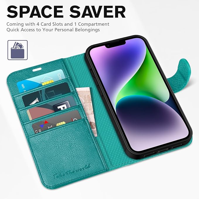 TUCCH Wallet Case for iPhone 14 6.1", Magnetic PU Leather Stand Flip Cover with 4 Card Slots [RFID Blocking] Folio [TPU Shockproof Interior Case] Compatible with iPhone 14 6.1-inch, Cyan