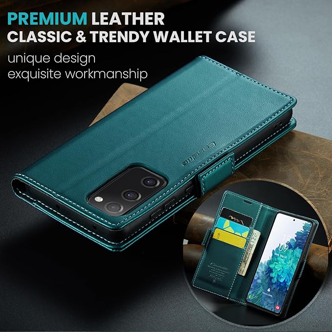 Case for Samsung Galaxy S20 FE Wallet Case, RFID Blocking PU Leather Flip Folio Cover Card Holder Kickstand Shockproof Phone Case Compatible with Samsung Galaxy S20 FE, Blue Green
