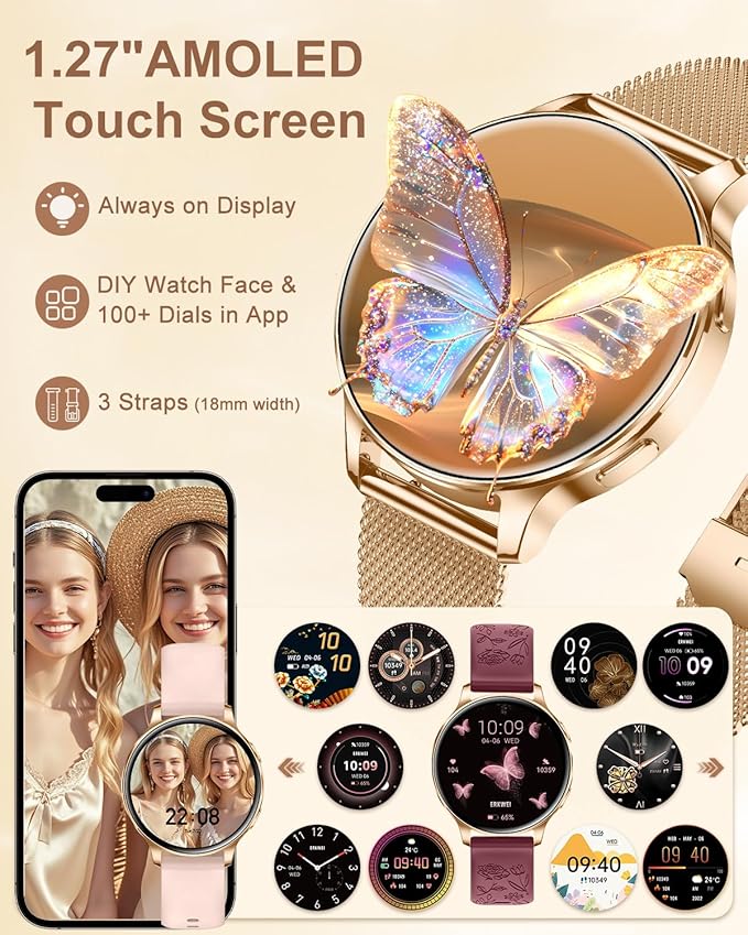 Smart Watches for Women 3 Bands 1.29" AMOLED Smartwatch Compatible Android and iOS Phones Answer/Make Calls Fitness Tracker Watch with 110+ Sports Modes Heart Rate Monitor Pedometer Sleep Rose Gold
