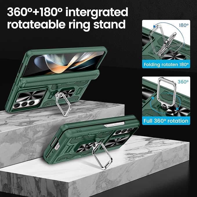 VEGO for Galaxy Z Fold 4 Case with Belt Clip Holster, 360°Ring Magnetic Kickstand & Camera Cover & Front Screen Protector, Hinge Protection Shockproof Armor Cover - Green
