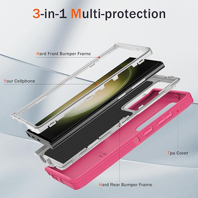 For Samsung Galaxy S23 Ultra Case, S23 Ultra Case with [2 Pack]HD Screen Protector, [Military-Grade] Shockproof Dust/Drop Proof 3-Layer Full Body Protection Heavy Duty Case for Galaxy S23 Ultra, Pink