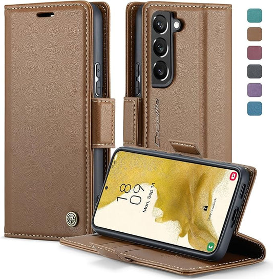 Case for Samsung Galaxy S22 Wallet Case, RFID Blocking PU Leather Flip Folio Cover Card Holder Kickstand Shockproof Phone Case Compatible with Samsung Galaxy S22, Brown