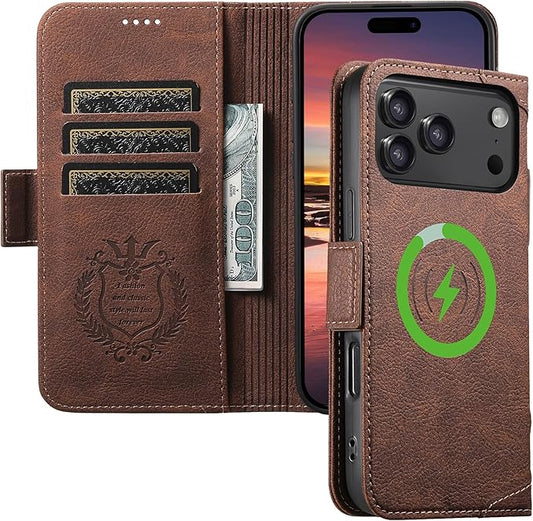 Leather Magnetic Wallet Case for iphone17 Pro Compatible With MagSafe & Wireless Charging, 3 Card Slots & ID Holder, Kickstand, 360° Military Shockproof Protection for Phone 17pro Premium Brown