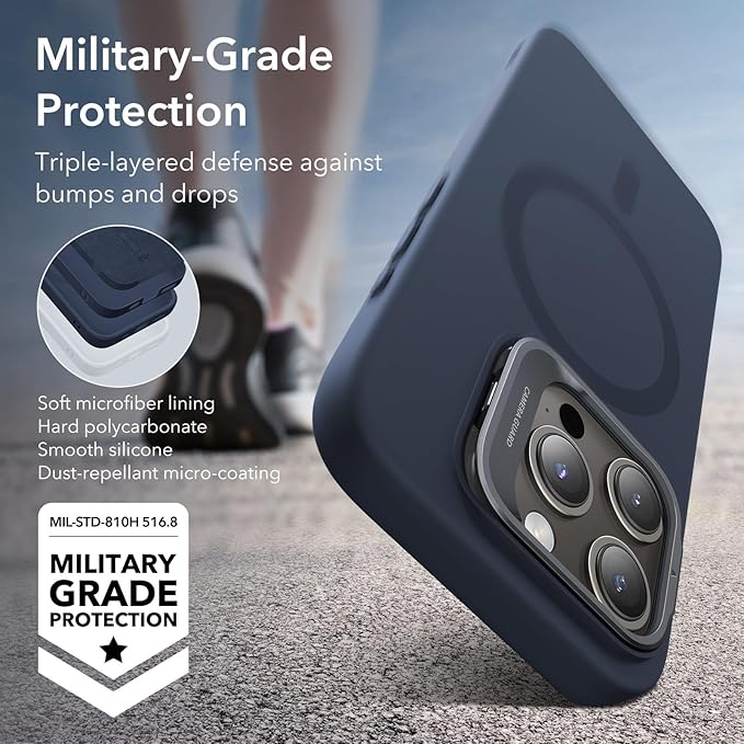 ESR for iPhone 15 Pro Case, MagSafe Silicone Case with Stand, Military-Grade Protection, Built-in Camera Stash Stand, Magnetic Phone Case for iPhone 15 Pro, Cloud Series,Dark Blue
