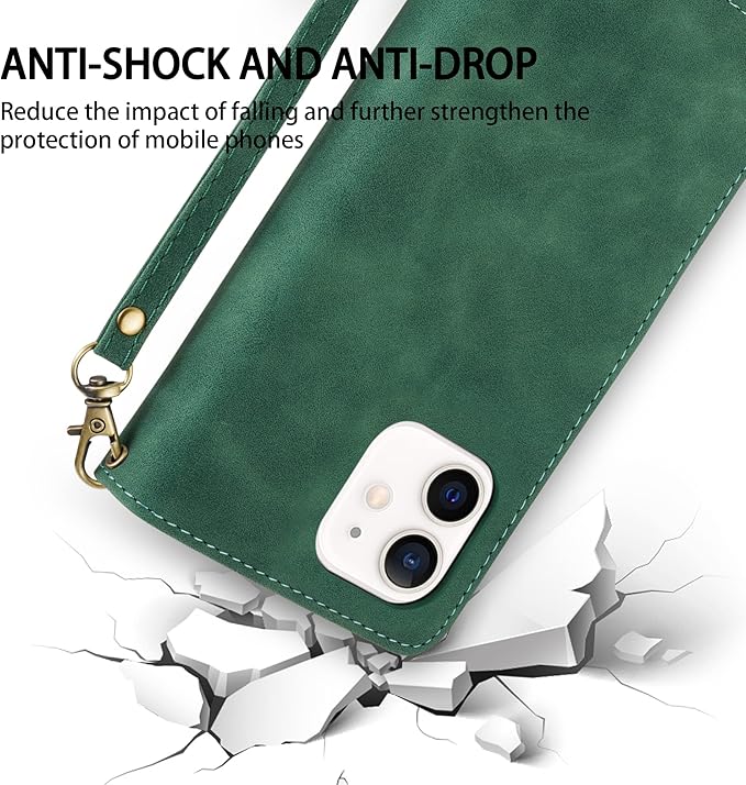 ZZXX for iPhone 12 Mini Wallet Case with Card Slot Premium Soft PU Leather Zipper Flip Folio Wallet with Wrist Strap Kickstand Protective for iPhone 12 Mini Case Wallet(Green 5.4 inch)