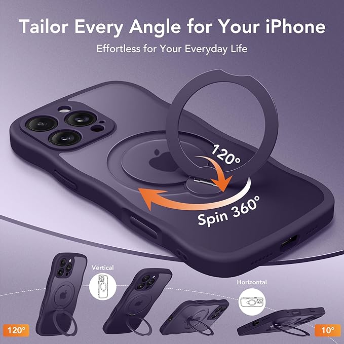 GolbinBox for iPhone 16 Pro Case for Women,[Compatible with Magsafe][360° Spin Magnetic Stand][Cute Wave Edge][Military-Grade Protection] Translucent Matte Phone Case for iPhone 16 Pro, Dark Purple