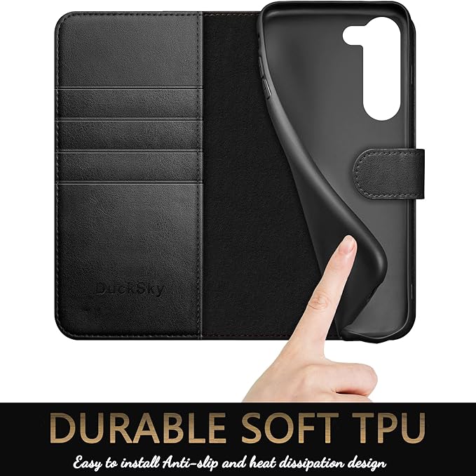 for Samsung Galaxy S23 5G Genuine Leather Wallet case 【RFID Blocking】【4 Credit Card Holder】【Real Leather】 Flip Folio Book Phone case Protective Cover Women Men for SamsungS23 case Black