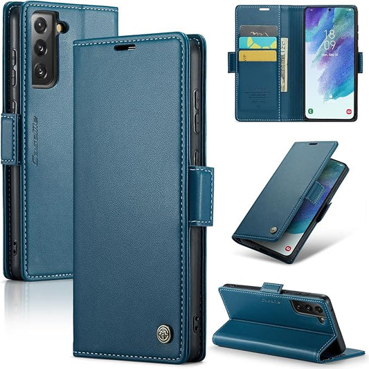 AUPAI for Samsung Galaxy S21 FE Wallet Case with Credit Card Holder, PU Leather RFID Blocking Folio Flip Kickstand Magnetic Clasp Protective Phone Cover for Women Men Blue