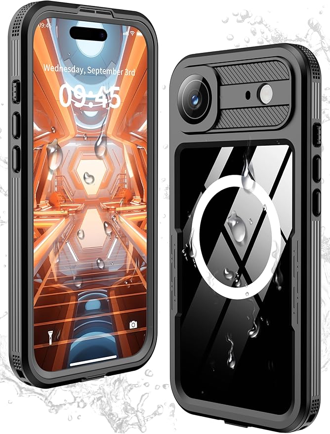 GOLDJU Magnetic for iPhone 17 Air Case-Waterproof, Built-in Screen & Camera Protector-IP68 Underwater Full Body 16FT Military Dropproof Shockproof Case for 17 Air 6.6''- Black