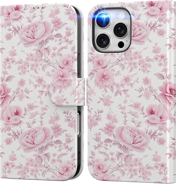 DEENAKIN for iPhone 16 Pro Max Wallet Case with Card Holder + Cash Clip, RFID-Blocking, Military-Grade Drop Protection, Magnetic Closure with Leather Kickstand - Blooming Pink Roses