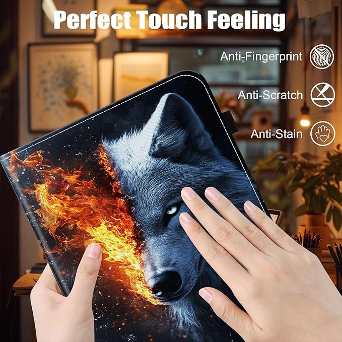Case for Samsung Galaxy Tab A9 Plus/A9+ 5G 11 Inch 2023 Model (SM-X210/X216/X218),Card Slot PU Leather TPU Case Pen Holder Auto Wake Sleep,Wolf in The Fire