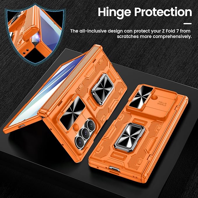 VEGO for Galaxy Z Fold 7 Case with Stand, 360°Ring Magnetic Kickstand & Hinge Protection & Front Screen Protector & Camera Cover & Belt Clip Holster Case for Samsung Galaxy Z Fold 7 5G - Orange