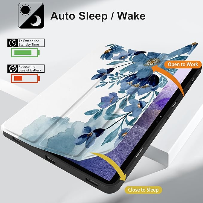 Case for Samsung Galaxy Tab S8 2022 & S7 2020, Shockproof Tablet Case for Samsung Tab S8/S7 11 inch with Auto Sleep/Wake & Trifold Stand & Soft TPU Back Cover, Blue Floral