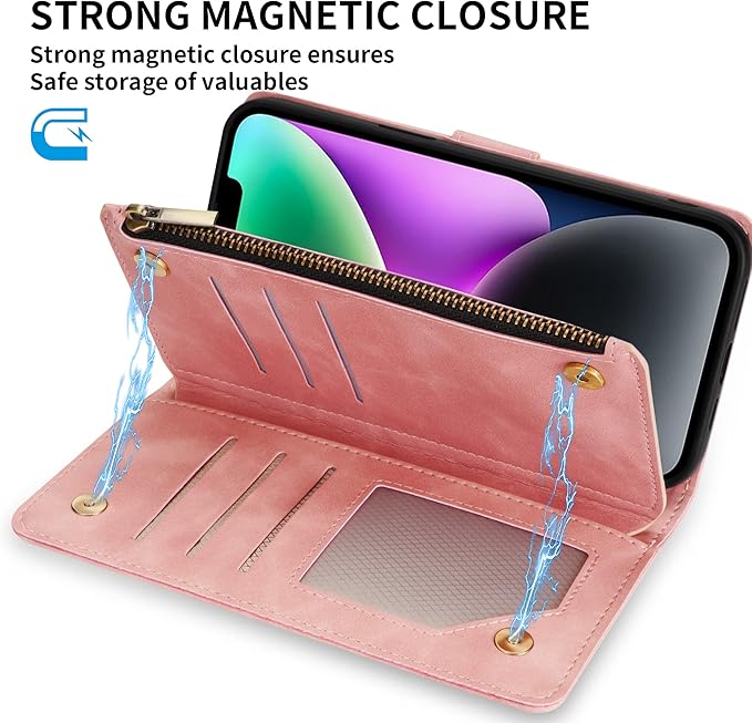 ZZXX for iPhone 14 Case Wallet with [RFID Blocking] Card Slot Premium Soft PU Leather Zipper Flip Folio with Wrist Strap Kickstand Protective Phone Cover for iPhone 14 Wallet Case(Pink-6.1 inch)