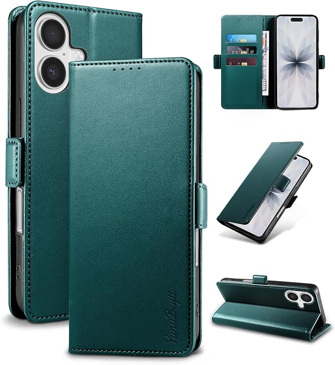 Wallet Flip Case for iPhone 17 5G - [RFID Blocking] Luxury PU Leather Card Holder Magnetic Phone Cover with Kickstand,Shockproof Protective Case,Green