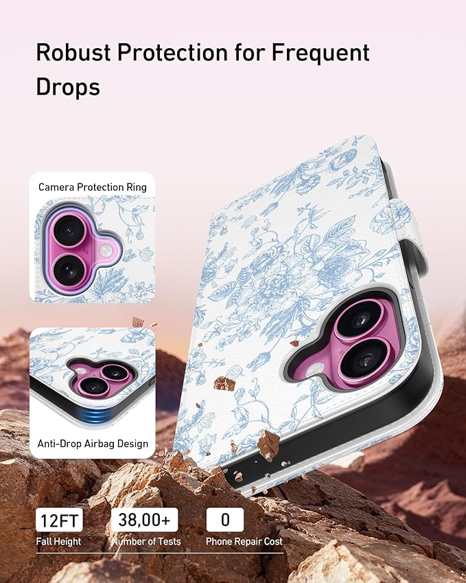 DEENAKIN for iPhone 16 Plus Wallet Case with Card Holder + Cash Clip, RFID-Blocking, Military-Grade Drop Protection, Magnetic Closure with Leather Kickstand - Blue Floral Design