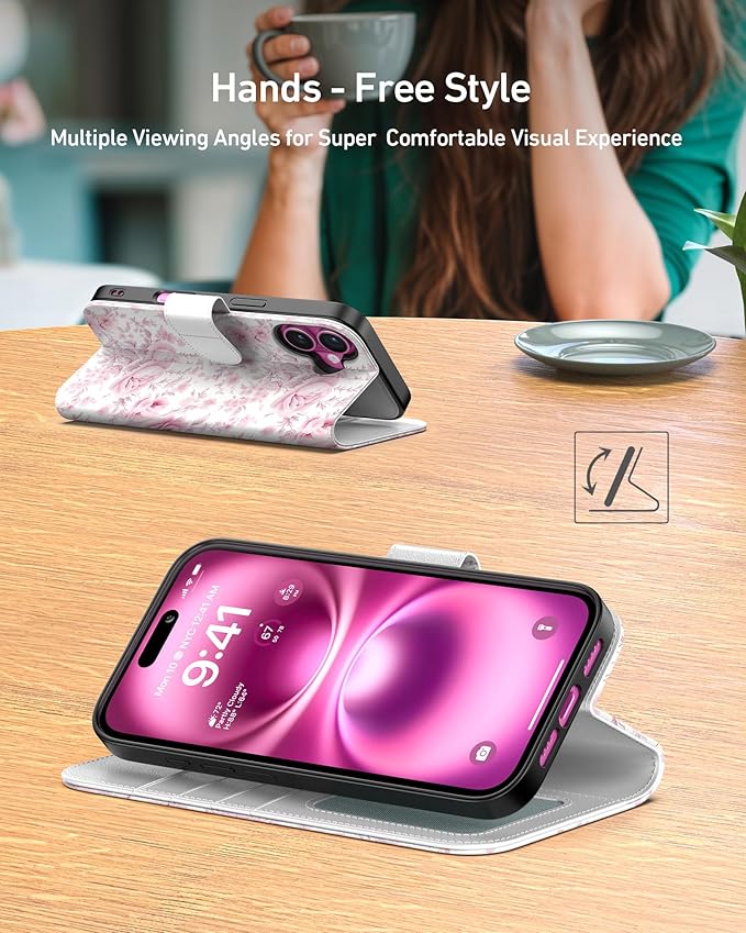 DEENAKIN for iPhone 16 Plus Wallet Case with Card Holder + Cash Clip, RFID-Blocking, Military-Grade Drop Protection, Magnetic Closure with Leather Kickstand - Blooming Pink Roses