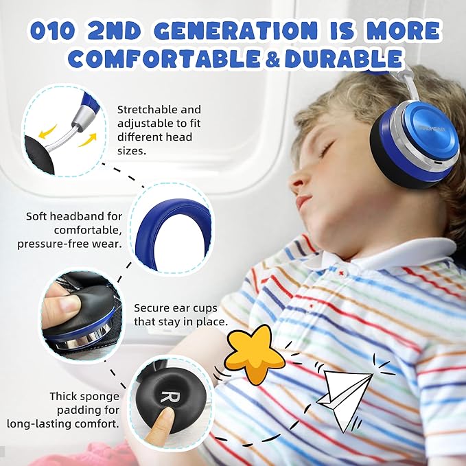 PROHEAR 010 Pro Active Noise Cancelling Headphones for Kids – Bluetooth, 85dB Safe Volume, 80H Playtime, Hi-Fi Over-Ear Wireless Headphones with Mic for iPad, Tablet, Travel – Blue
