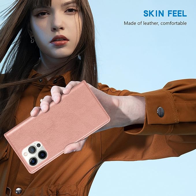 ZZXX for iPhone 15 Pro Max Wallet Case with [RFID Blocking] Card Slot Stand Strong Magnetic Leather Flip Fold Protective Phone Case for iPhone 15 Pro Max Case Wallet(Rose Gold-6.7 inch)