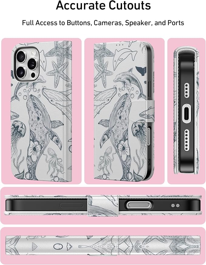 DEENAKIN for iPhone 16 Pro Wallet Case with Card Holder + Cash Clip, RFID-Blocking, Military-Grade Drop Protection, Magnetic Closure with Leather Kickstand - Dynamic Marine Life