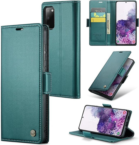 Case for Samsung Galaxy S20 Wallet Case, RFID Blocking PU Leather Flip Folio Cover Card Holder Kickstand Shockproof Phone Case Compatible with Samsung Galaxy S20, Blue Green