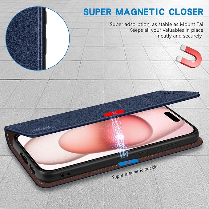 ZZXX for iPhone 15 Wallet Case with [RFID Blocking] Card Slot Stand Strong Magnetic Leather Flip Fold Protective Phone Case for iPhone 15 Case Wallet(Blue-6.1 inch)