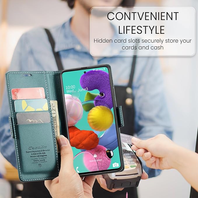 for Samsung Galaxy A51 4G Case, Premium PU Leather Wallet Case Flip Cover with [RFID Blocking][Card Holder][Stand Function] for Samsung Galaxy A51 4G (Non 5G Version), Blue-Green