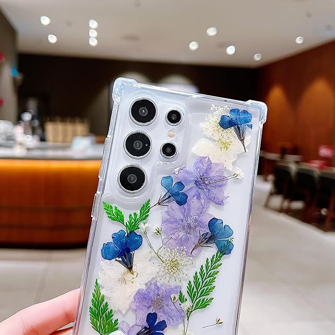 Compatible with Samsung Galaxy S24 Ultra Case Cute Pressed Dried Real Flowers Design Women Girly Shockproof Soft TPU Floral Clear Phone Cover for Galaxy S24 Ultra (Purple Flower)