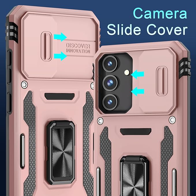 DEERLAMN Case for Samsung Galaxy S24+ Plus with Slide Camera Cover+Screen Protector (1 Pack), Rotated Ring Kickstand Military Grade Shockproof Protective Cover-Rose Gold