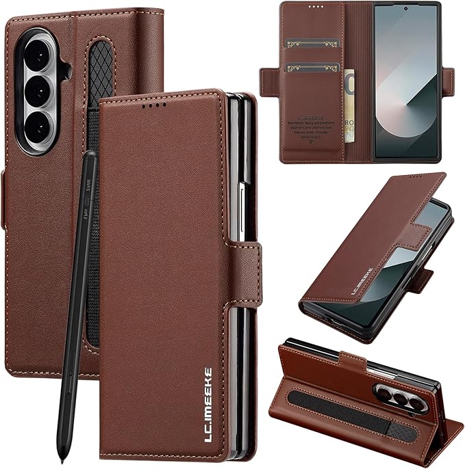 HXY Wallet Case for Samsung Galaxy Z Fold 7 with S Pen Holder, PU Leather Magnetic Flip Case for Men Women with Card Holder Kickstand Shockproof Protection Case for Galaxy Z Fold 7 2025 (Brown)