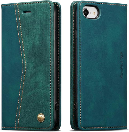 QLTYPRI Case for iPhone 16e, Vintage PU Leather Wallet Case Card Slot Kickstand Magnetic Closure Shockproof Flip Folio Cover for iPhone 16e - Retro Dark Green