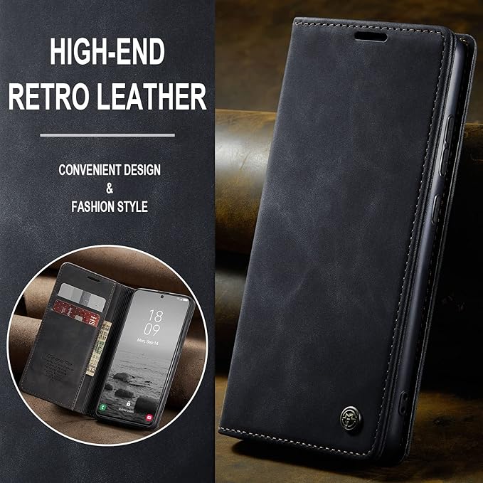 SINIANL for Samsung Galaxy S23 Leather Case, Vintage Wallet Case Book Folding Flip Case with Kickstand Card Holders Slots Protective Cover for Galaxy S23 Black