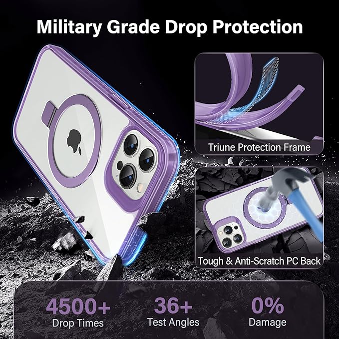 Magnetic Case for iPhone 12 Pro Max - [Built-in Invisible Stand] [Compatible with MagSafe] [Military Grade Drop Protection] Anti-Yellowing Hard Back Silicone Edge Cover, 6.7", Clear Purple