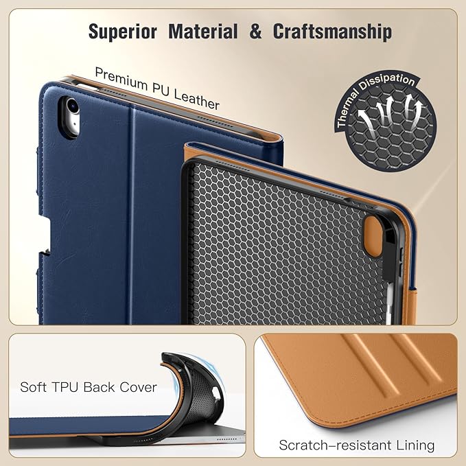 MoKo for iPad (A16) 11th Generation Case 11 inch 2025, iPad 10th Generation Case 10.9" 2022 with Pencil Holder & Pocket, Premium Leather Folio Stand Cover, Multiple Viewing Angles, Dark Blue