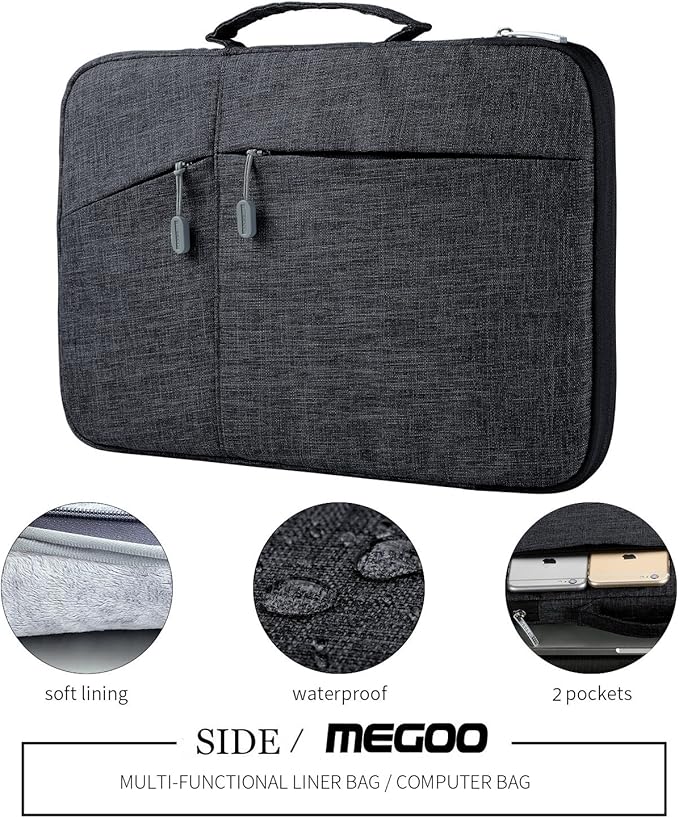 Megoo 12inch Laptop Sleeve with Accessory Pouch for Microsoft Surface Pro 12/7/6/5/4 12.5", Laptop Go 12.4", Pro 11/10/9/8 13", Carry Travel Case for 11"-13" Chromebook Tablet(Black with Charger Case)