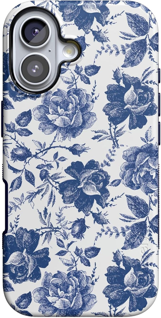 Casely iPhone 17 Case | Rose to Fame | Blue & White Rose Floral | Compatible with MagSafe | Bold Protective Design
