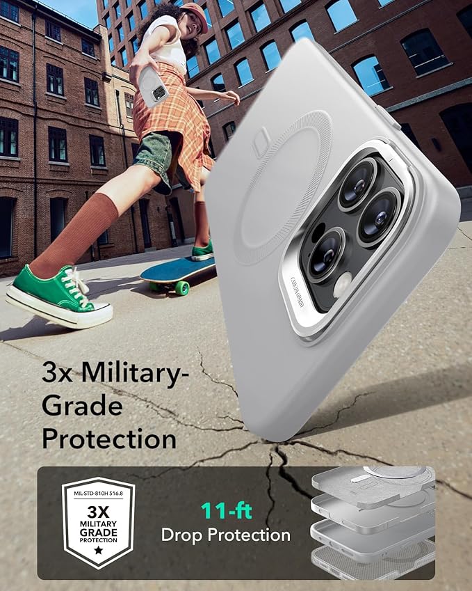 ESR for iPhone 16 Pro Case, Silicone Case with Stand, Compatible with MagSafe, Military-Grade Protection, Built-in Camera Stash Stand, Magnetic Phone Case for iPhone 16 Pro, Cloud Series, Grey